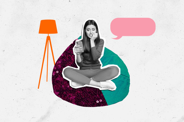 焦虑女孩坐在豆袋椅上咬手指，收到手机消息通知，背景为涂鸦风格的合成照片拼贴。图片下载