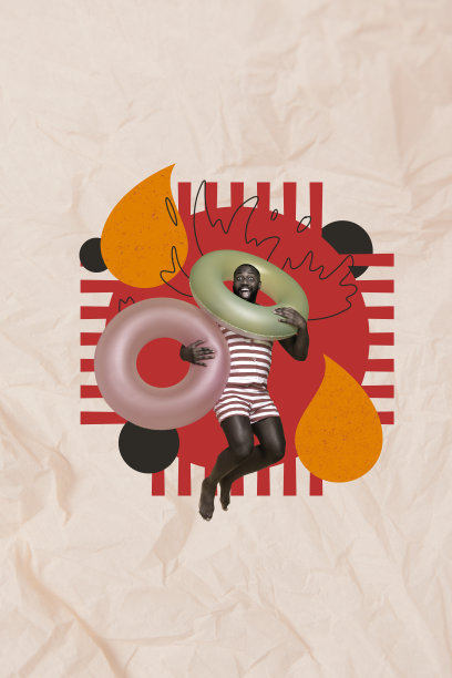 夏季休闲派对的趋势艺术合成素描，3D照片拼贴，年轻男子穿着泳衣，快乐地跳跃，手持漂浮圈，游泳池边。图片下载