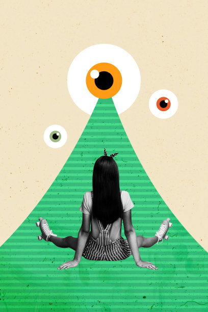 趋势艺术作品 3D 草图图像照片拼贴，留白单色年轻女士坐着，复古风格的发型，穿着滑轮溜冰鞋，拥有巨大眼睛和视线线条。图片下载