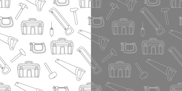 无缝图案，手绘木工工具，包括手锯、工具箱、锤子、木槌、夹具和铅垂线。黑色轮廓的矢量插图，适合用于面料、纺织品和涂色书。图片下载