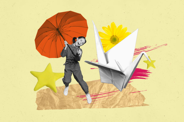 快乐的少女在户外手持雨伞，走在菊花和折纸天鹅之间，背景为涂鸦风格的合成照片拼贴。图片下载