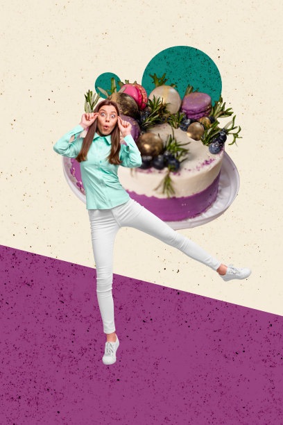 复合趋势艺术作品 3D 草图图像 照片拼贴 具有留白的年轻女性震惊的面孔 表情符号 蛋糕 甜美 美味 烹饪 饥饿 惊喜图片下载