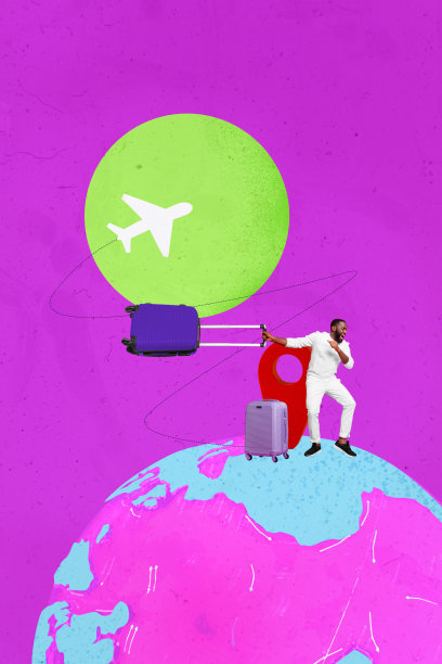 快乐的美国男子在夏季准备旅行时，跳舞的竖版照片拼贴，行李箱与地球飞行，背景为涂鸦风格。图片下载