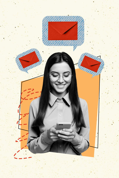年轻女士的合成趋势素描图像，微笑着手持智能手机，聊天气泡和信封的照片拼贴，留白空间。图片下载