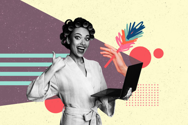 快乐女孩女佣在上网购物，手持抹布工具，进行家务，背景为涂鸦风格的合成照片拼贴。图片下载