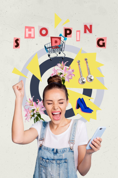 兴奋女孩手持iPhone设备进行黑色星期五折扣在线购物的竖版照片拼贴，背景为涂鸦风格。图片下载