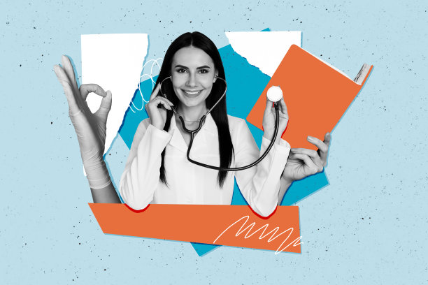 快乐的女医生在涂鸦背景下，佩戴手套，使用听诊器进行咨询，做出“好的”手势的拼贴照片。图片下载