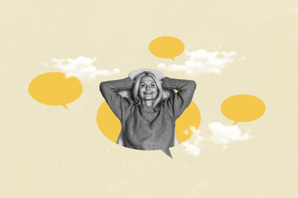 创意图片：成熟、无忧无虑的女性在扶手椅上放松，背景是云朵和文本框的绘画。图片下载