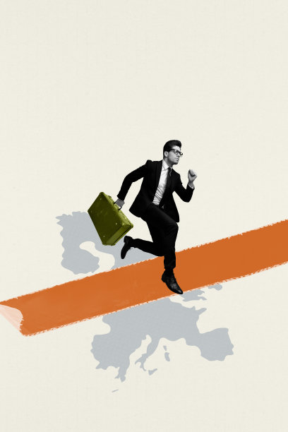 年轻商人企业家在国外旅行，手提公文包，穿着正装，背景为绘画的纵向图片拼贴。图片下载