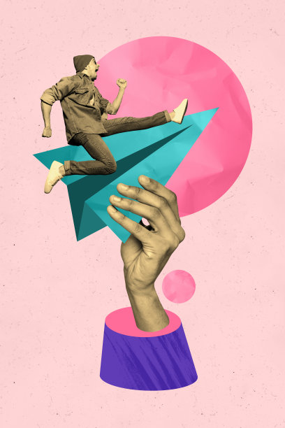 兴奋的嬉皮士男孩在彩色背景上奔跑，纸飞机飞行，夏季假期概念的竖版照片拼贴。图片下载