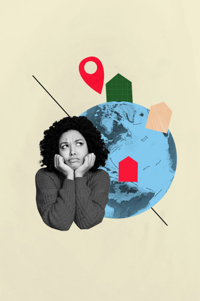 不满意的美国女孩的垂直照片拼贴，思考搬迁，几何图标，地球，夏季假期，孤立在涂鸦背景上。图片下载