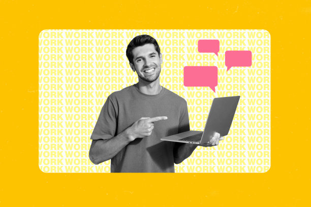 创意图片拼贴，年轻快乐的男子在远程工作，使用笔记本电脑和数字设备进行沟通，回复文本框。图片下载