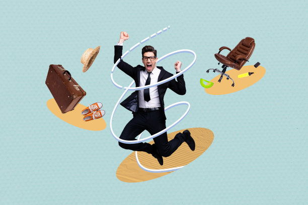 快乐商人跳跃的复合照片拼贴，兴奋的假期，办公室休假，行李准备旅行，背景为涂鸦风格。图片下载