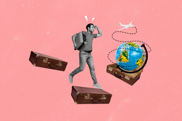 快乐男人在地图上奔跑的拼贴照片，度假旅行，飞机，行李，旅程，夏季旅游，背景为涂鸦风格。图片下载