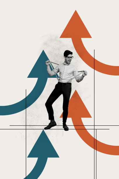 箭头统计增长成功的复合趋势艺术作品草图，年轻男商人分析商业，胜利模特摆姿势的照片拼贴。图片下载