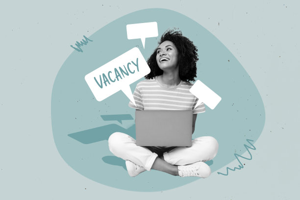 梦幻女士的简约照片拼贴艺术，注视空旷，现代科技产品，孤立在蓝色背景上。图片下载