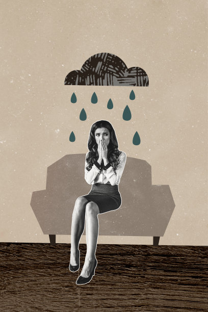 垂直照片拼贴，表现焦虑女孩在沙发上哭泣，抑郁情绪，秋天的云朵和雨滴，糟糕的天气，背景为涂鸦风格。图片下载
