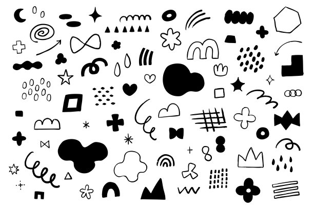 手绘涂鸦图标和图形素材集 抽象矢量黑白插图设计 粗糙可爱图片下载