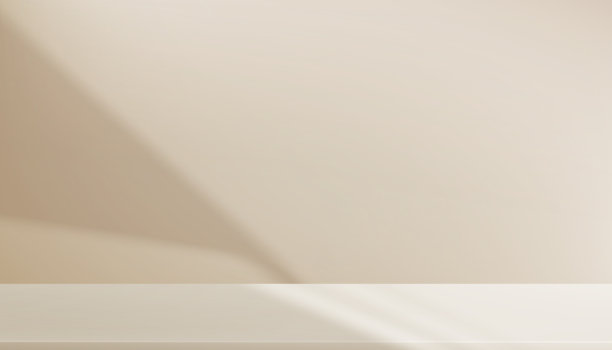 米色墙壁的工作室房间，白色光线，讲台舞台上的阴影用于产品展示，秋季棕色背景。秋季场景横幅，阳光洒在地面纹理上，模糊渐变的室内厨房。图片下载