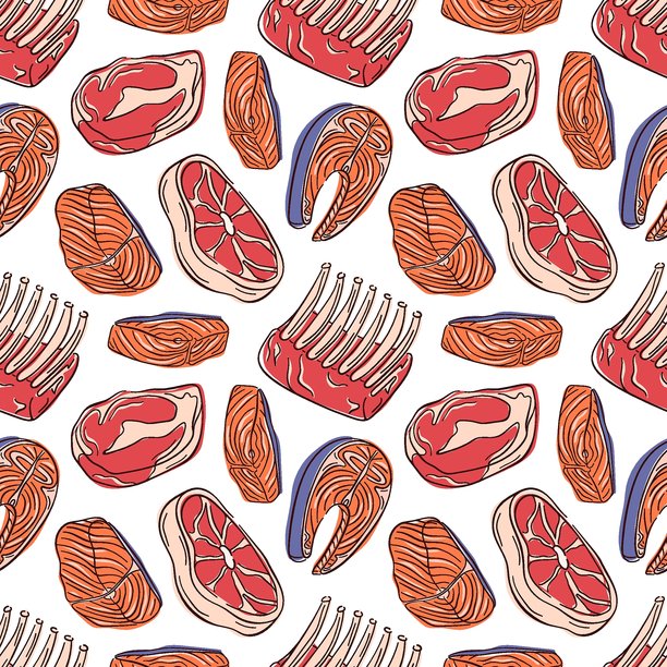 无缝图案，包含扁平的肉类和鱼类，牛排、肋骨和三文鱼，背景为白色。非常适合包装、厨房壁纸设计或烹饪主题。图片下载