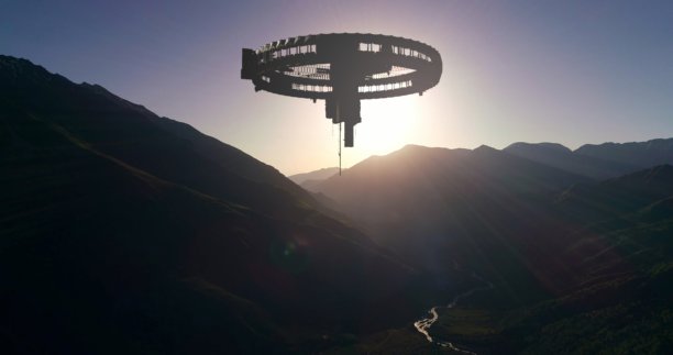 这张照片捕捉到一艘巨大的外星飞船在山谷日落时的剪影。图片下载