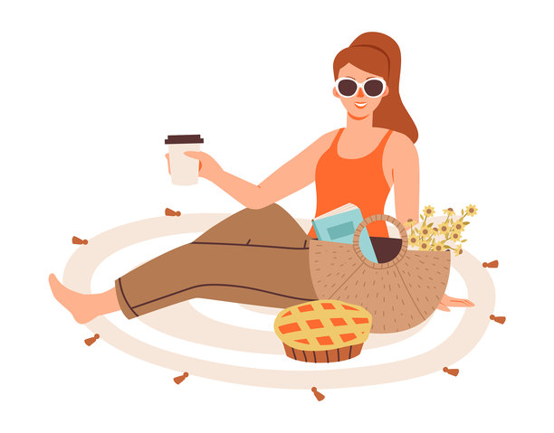 Flat vector illustration of a woman enjoying a summer picnic with pie. Holiday outing in the countryside. A cheerful woman relaxes on a blanket with food.图片下载