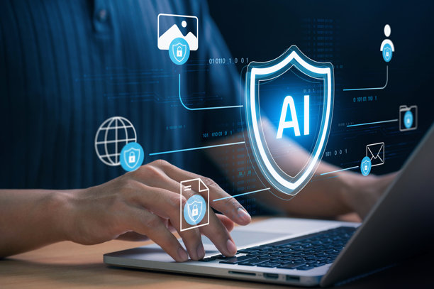 人工智能网络安全概念。笔记本电脑上有虚拟保护图标，代表数据隐私和数字保护，捕捉现代技术在任何时间、任何地点的安全互联网环境中的使用。图片下载