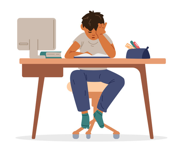 亚洲小学生在家学习，坐在书桌前阅读教科书，平面矢量插图，背景为白色。小学生因学习感到疲惫。图片下载