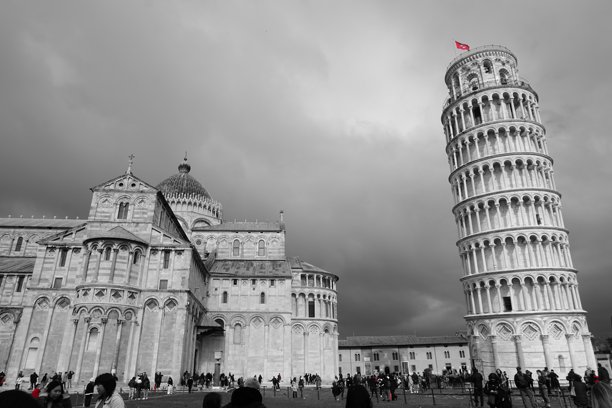 比萨斜塔和大教堂的黑白照片，奇迹广场，意大利图片下载