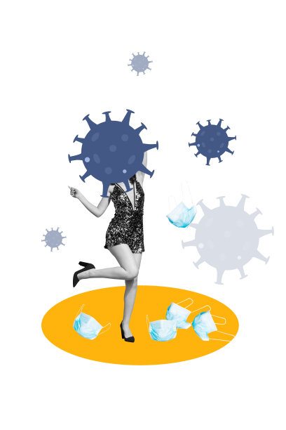 海报照片，垂直拼贴的匿名女孩头部与细菌病毒分子，健康护理概念，疾病，冠状病毒图片下载