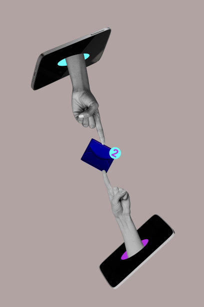 趋势艺术作品复合横幅照片拼贴，展示两只手在智能手机屏幕上触摸，发送电子邮件，在线网络信号快速传输。图片下载