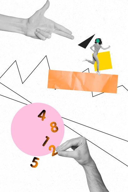 手持数字手势的年轻女士，3D照片拼贴艺术作品，表现出受害者的痛苦与奔跑，面部未显示。图片下载