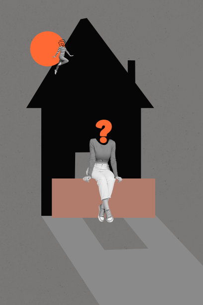 垂直的当代艺术照片拼贴，描绘了一位匿名女孩坐在家中，面临疑问、困境、失落、搬迁和移民的情景。图片下载