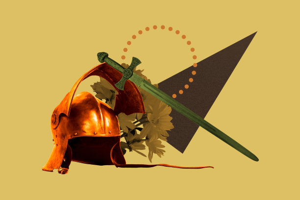 3D照片拼贴模板趋势艺术作品，合成头盔、剑、花束、战士历史服装、征服者角色、骑士盔甲图片下载