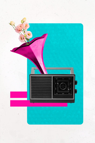 复古音响、留声机、管道花瓶和仿真洋桔梗花朵的怀旧派对竖版海报照片拼贴图片下载