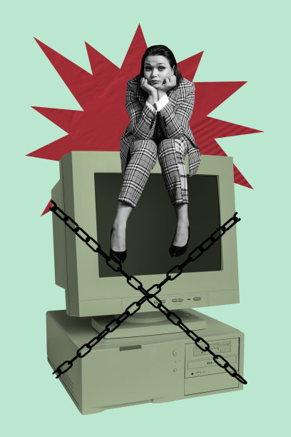 过时电脑显示器的趋势艺术素描照片拼贴，年轻女士坐着，焦虑治疗，疲惫，心理抑郁，锁链锁住的显示屏图片下载