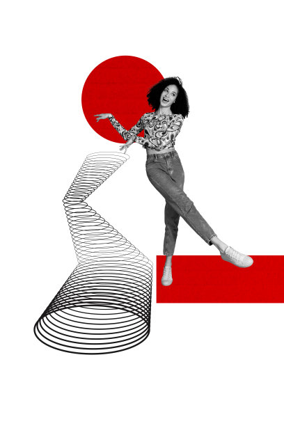 年轻女性微笑着跳舞的线条曲线插图3D照片拼贴设计艺术作品，心情愉快，留白解决问题。图片下载