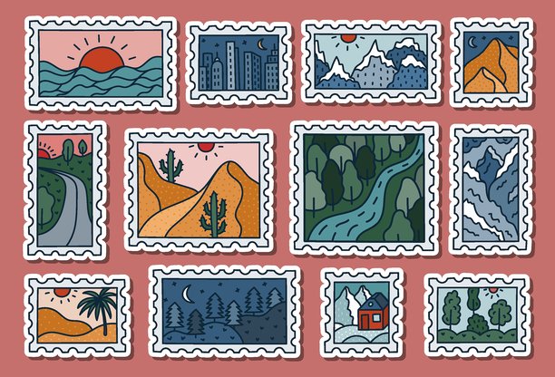可爱的复古邮票涂鸦贴纸套装，适用于计划本和笔记本。准备打印的手绘邮件贴纸列表，包含海景、森林、小径、午夜沙漠和河流的图片。图片下载
