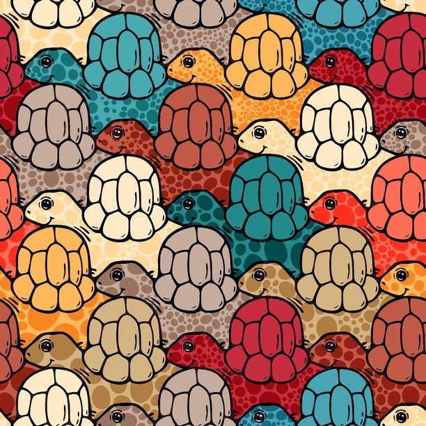 明亮的海龟镶嵌图案，配以大胆的卡通色块图片下载