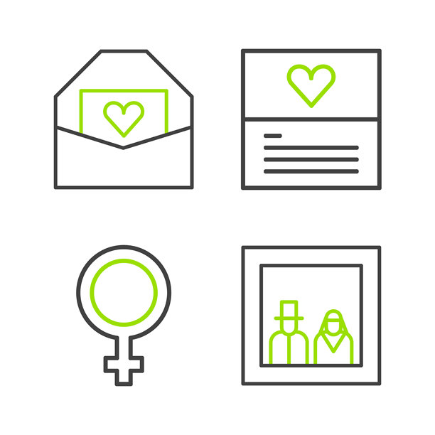 家庭照片，女性性别符号，带有情人节心形图标的贺卡和信封。矢量图。图片下载