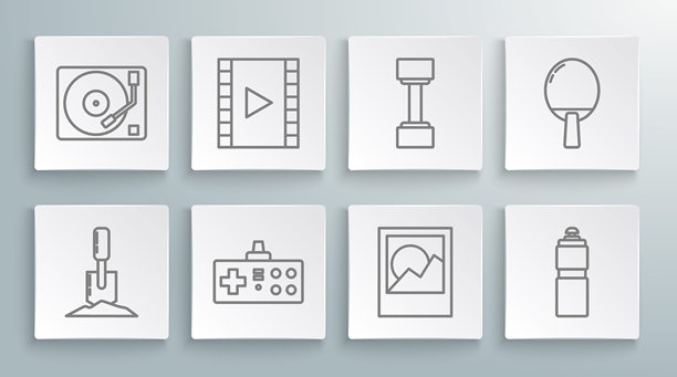 铲子插入土壤，播放视频，游戏手柄，照片框，健身摇摇杯，哑铃，乒乓球拍和带有黑胶唱片图标的黑胶唱片播放器。矢量图。图片下载