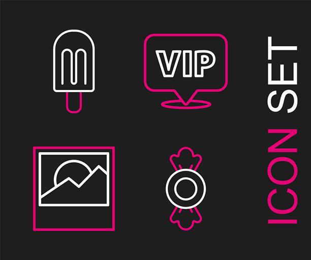 设置线条糖果、照片、位置VIP和冰淇淋图标。矢量图。图片下载