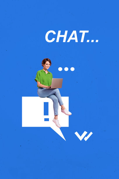 年轻女性微笑坐在聊天框中的创意3D照片拼贴艺术模板，带有标签文本气泡反馈对话客户支持图片下载