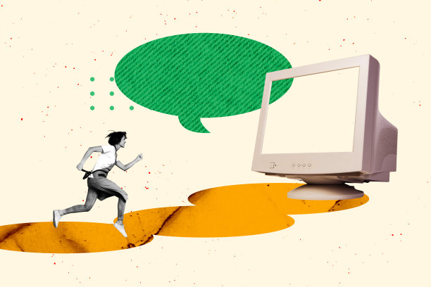 独特的杂志图片素描拼贴，展示快乐女孩在电脑显示器上奔跑，气泡通知进行聊天交流。图片下载