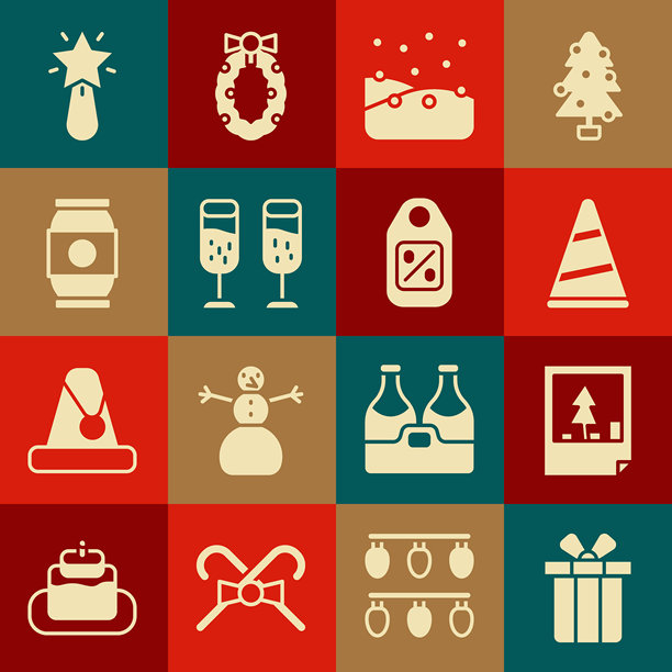 礼品盒、圣诞明信片、派对帽、雪花、香槟杯、啤酒罐、星星和带有折扣标志的价格标签。矢量图。图片下载