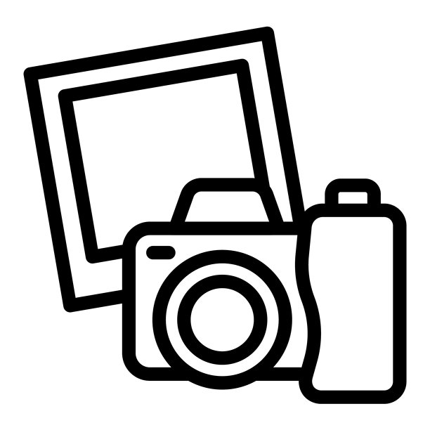 相机与照片纸的线条图标，展览概念。矢量图形。白色背景上的摄影相机图标，摄影标志，适用于移动或设计风格。图片下载