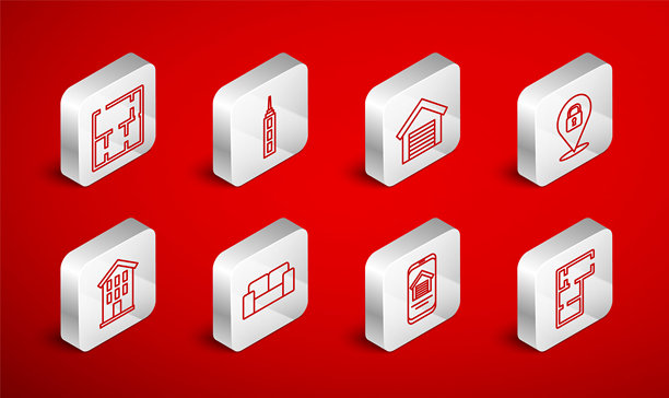 房屋平面图、摩天大楼、车库、位置锁、在线房地产房屋、沙发和图标。矢量图图片下载