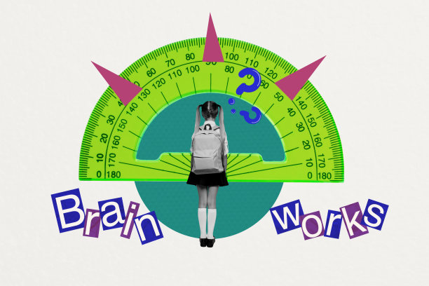 时尚海报艺术照片拼贴，匿名女学生背对镜头，穿着校服，背着书包，手持尺子，思维活跃，周围是文具用品。图片下载