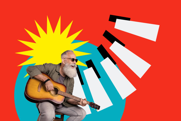 老年人坐着弹吉他的素描艺术作品，3D照片拼贴，展示了他作为钢琴家的爱好，夜晚在俱乐部休息时的音乐氛围。图片下载