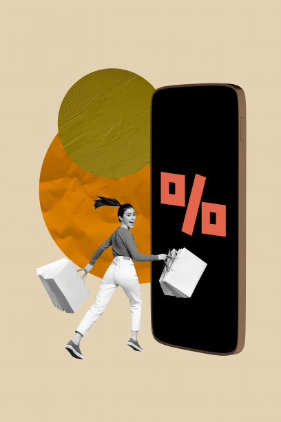 年轻女士手持大手机和购物袋，参与黑色星期五折扣促销的3D照片拼贴模板艺术作品图片下载